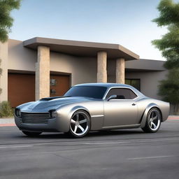 Create a custom supercar that is a fusion of a Chevrolet Camaro and a primer matte gray 1939 Chevrolet Coupe