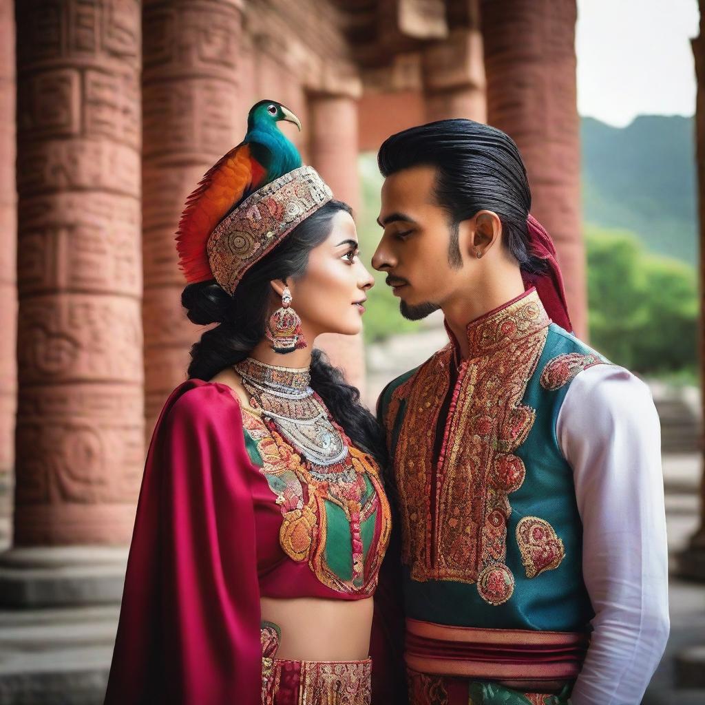 A handsome young man and a beautiful young woman meeting at the Temple of Quetzal