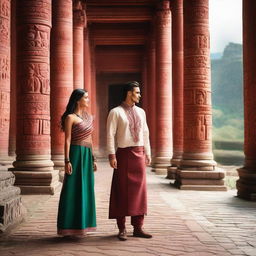 A handsome young man and a beautiful young woman meeting at the Temple of Quetzal