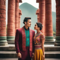 A handsome young man and a beautiful young woman meeting at the Temple of Quetzal