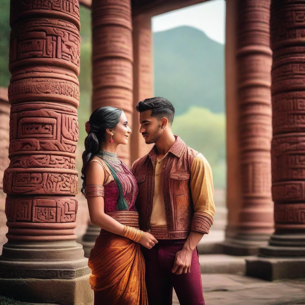 A handsome young man and a beautiful young woman meeting at the Temple of Quetzal