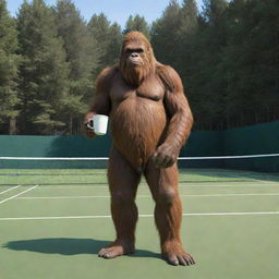 A scene featuring Bigfoot leisurely drinking coffee on a vividly detailed tennis court