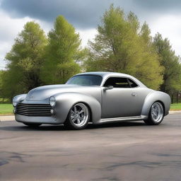 Create a custom fusion of a Chevrolet Camaro and a primer matte gray 1939 Chevrolet Coupe