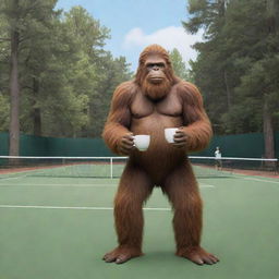 A scene featuring Bigfoot leisurely drinking coffee on a vividly detailed tennis court