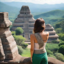 A woman standing with her back turned on top of the Quetzal Temple in Mexico