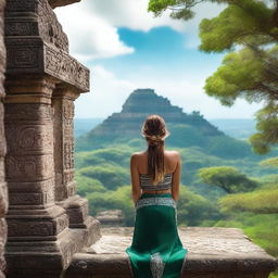 A woman standing with her back turned on top of the Quetzal Temple in Mexico