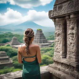 A woman standing with her back turned on top of the Quetzal Temple in Mexico