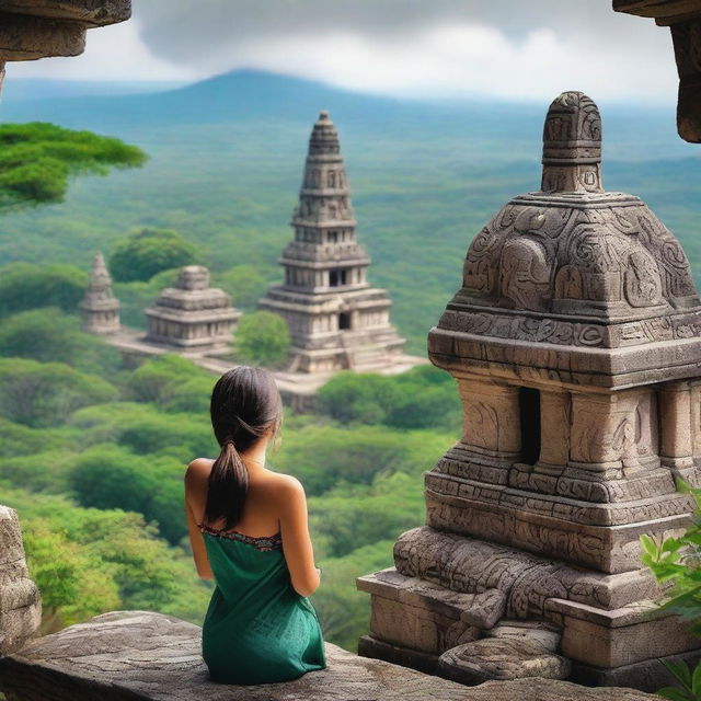 A woman standing with her back turned on top of the Quetzal Temple in Mexico