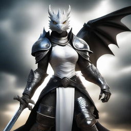 A fierce female black dragonborn warrior clad in gleaming white armor, wielding a powerful battle mace