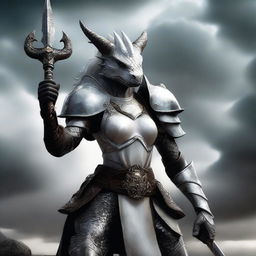 A fierce female black dragonborn warrior clad in gleaming white armor, wielding a powerful battle mace