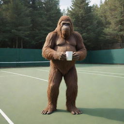 A scene featuring Bigfoot leisurely drinking coffee on a vividly detailed tennis court