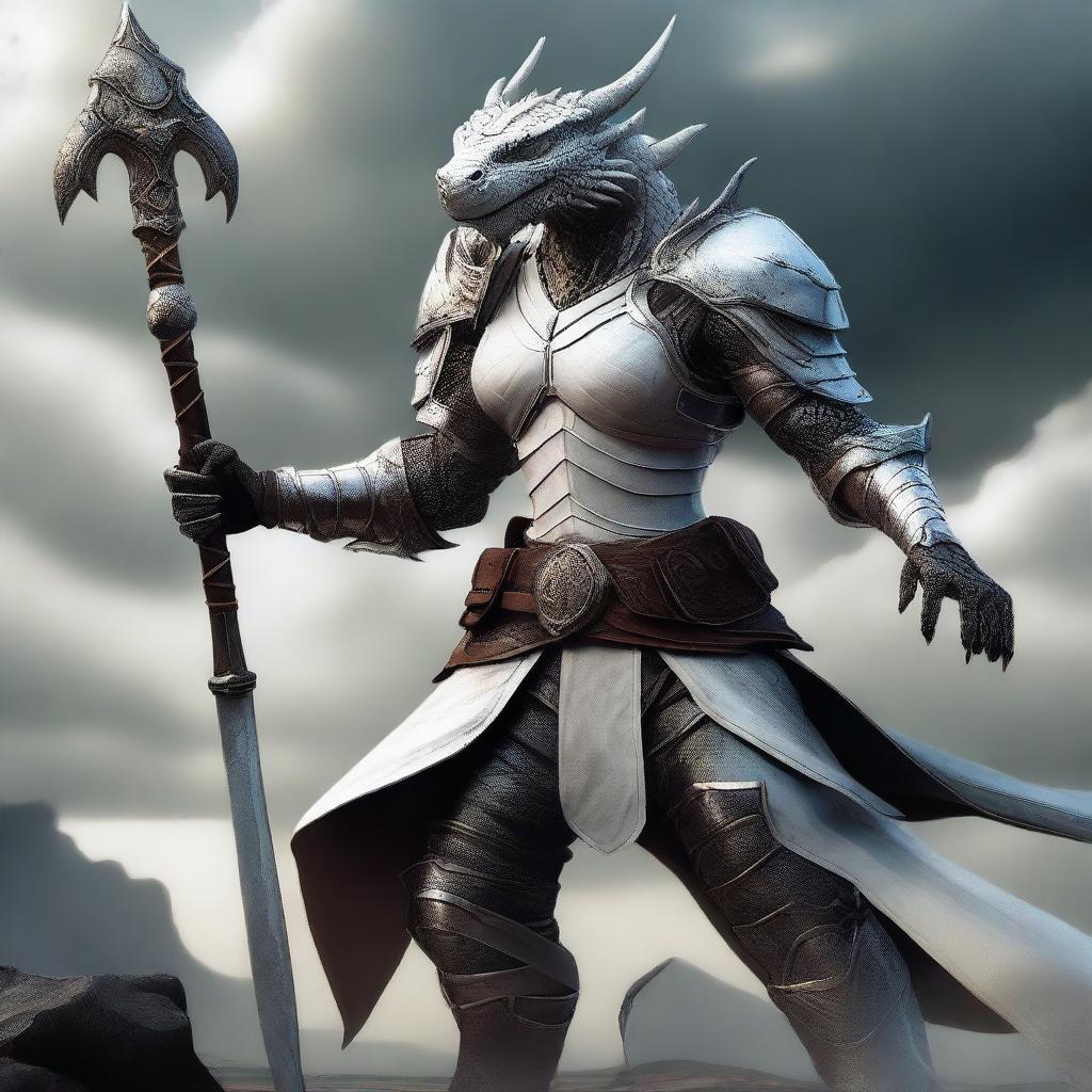 A fierce female black dragonborn warrior clad in gleaming white armor, wielding a powerful battle mace