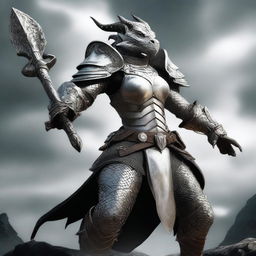 A fierce female black dragonborn warrior clad in gleaming white armor, wielding a powerful battle mace