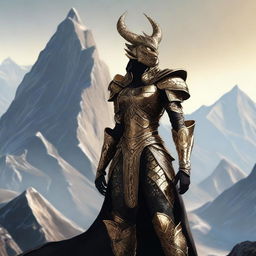 A black female dragonborn warrior wearing intricately designed gold armor