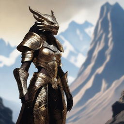 A black female dragonborn warrior wearing intricately designed gold armor