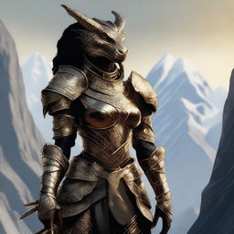 A black female dragonborn warrior wearing intricately designed gold armor