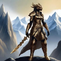 A black female dragonborn warrior wearing intricately designed gold armor