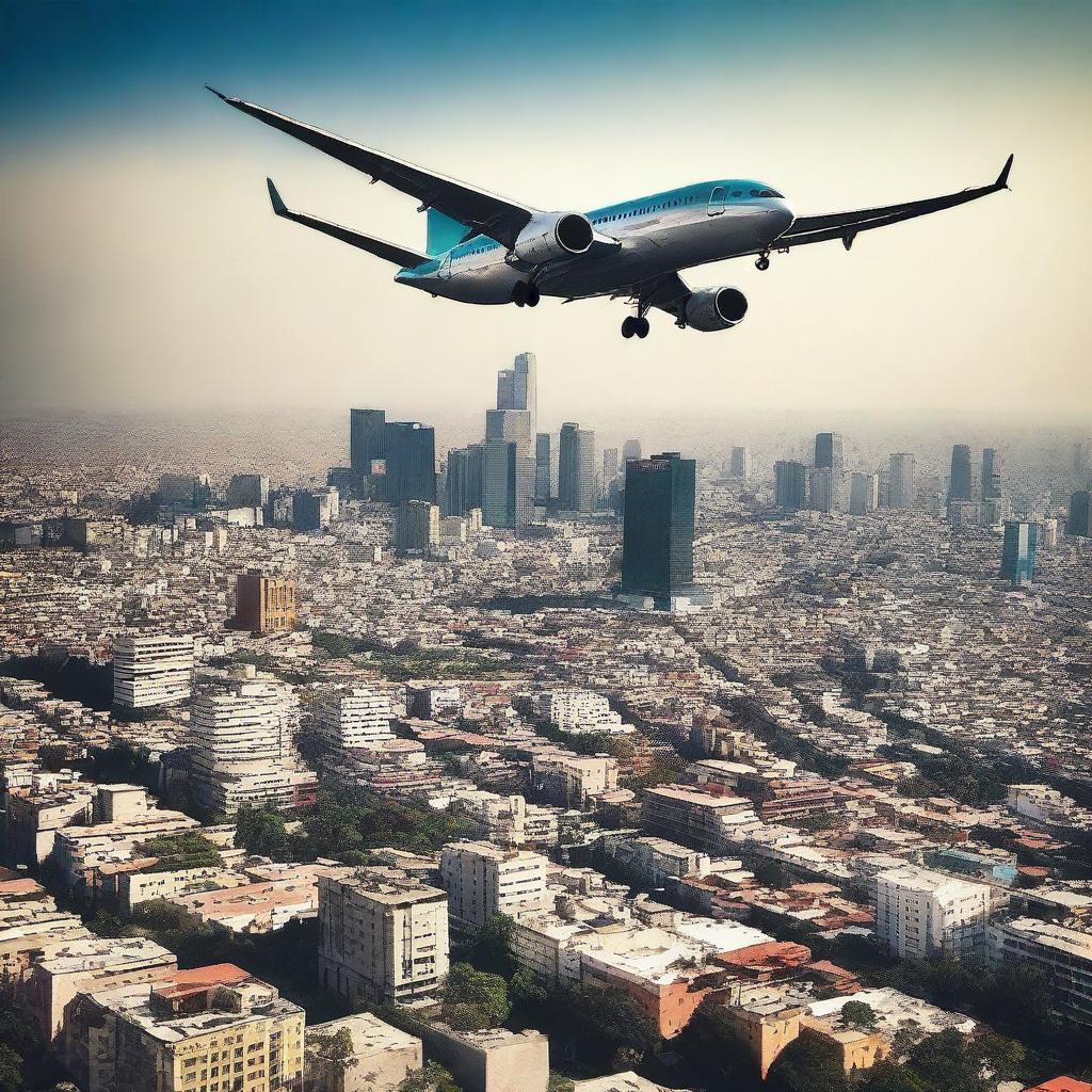 An airplane landing over Mexico City