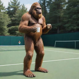 A scene featuring Bigfoot leisurely drinking coffee on a vividly detailed tennis court