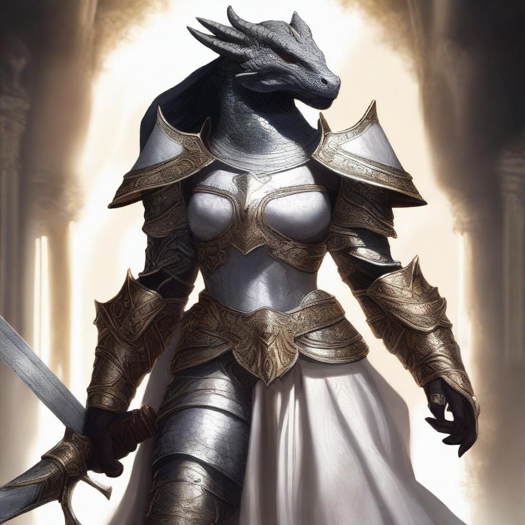 A black female dragonborn paladin wearing gleaming white armor