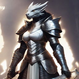 A black female dragonborn paladin wearing gleaming white armor