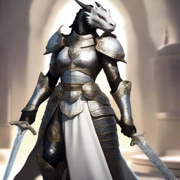 A black female dragonborn paladin wearing gleaming white armor