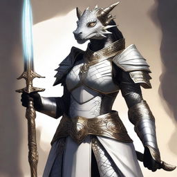 A black female dragonborn paladin wearing gleaming white armor