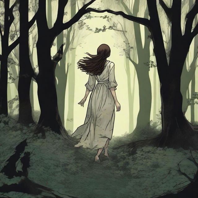 A depiction of a woman seen from behind, with brown hair and a torn wedding dress, running through a forest of lush green trees in the darkness of the night