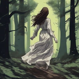 A depiction of a woman seen from behind, with brown hair and a torn wedding dress, running through a forest of lush green trees in the darkness of the night