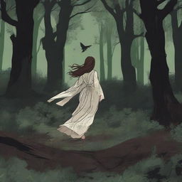 A depiction of a woman seen from behind, with brown hair and a torn wedding dress, running through a forest of lush green trees in the darkness of the night