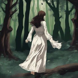 A depiction of a woman seen from behind, with brown hair and a torn wedding dress, running through a forest of lush green trees in the darkness of the night