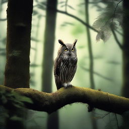 A photographic image of a dark forest edge with lush trees and an owl perched high above