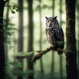 A photographic image of a dark forest edge with lush trees and an owl perched high above