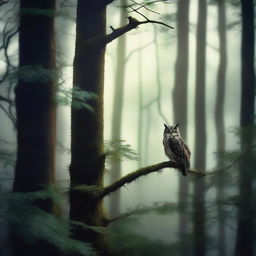 A photographic image of a dark forest edge with lush trees and an owl perched high above