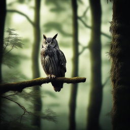 A photographic image of a dark forest edge with lush trees and an owl perched high above