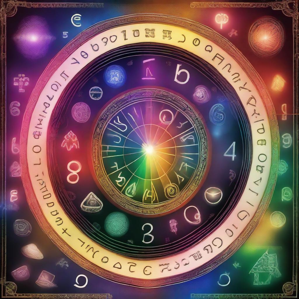 A vibrant and mystical representation of numerology, featuring ancient symbols, numbers, and celestial elements