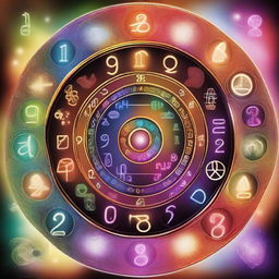 A vibrant and mystical representation of numerology, featuring ancient symbols, numbers, and celestial elements