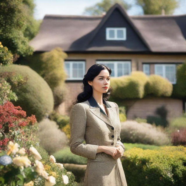 A young woman with shoulder-length black hair wearing a vintage suit from the 1940s stands in a garden in front of a charming thatched cottage