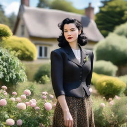 A young woman with shoulder-length black hair wearing a vintage suit from the 1940s stands in a garden in front of a charming thatched cottage