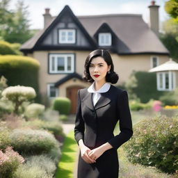 A young woman with shoulder-length black hair wearing a vintage suit from the 1940s stands in a garden in front of a charming thatched cottage