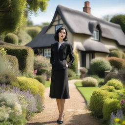 A young woman with shoulder-length black hair wearing a vintage suit from the 1940s stands in a garden in front of a charming thatched cottage