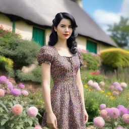 A young woman with shoulder-length black hair is wearing a vintage dress from the 1940s