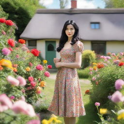 A young woman with shoulder-length black hair is wearing a vintage dress from the 1940s