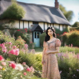 A young woman with shoulder-length black hair is wearing a vintage dress from the 1940s