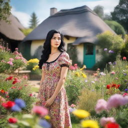 A young woman with shoulder-length black hair is wearing a vintage dress from the 1940s