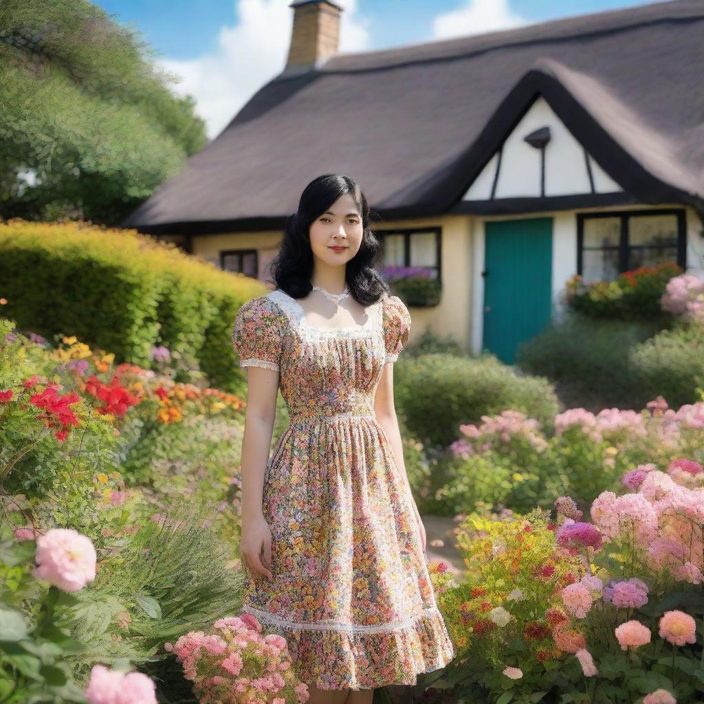 A young woman with shoulder-length black hair is wearing a vintage dress from the 1940s