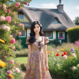 A young woman with shoulder-length black hair is wearing a vintage dress from the 1940s