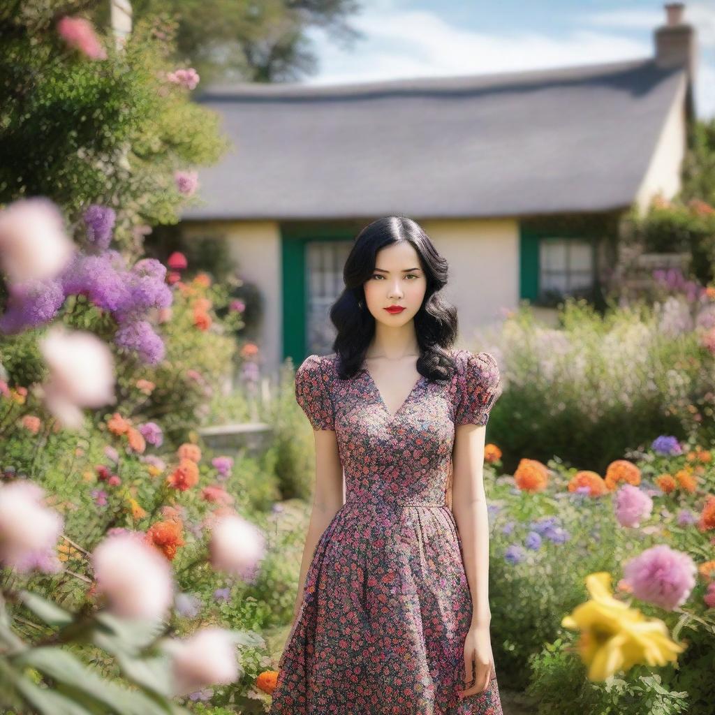 A young woman with shoulder-length black hair is wearing a vintage dress from the 1940s