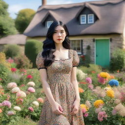 A young woman with shoulder-length black hair is wearing a vintage dress from the 1940s