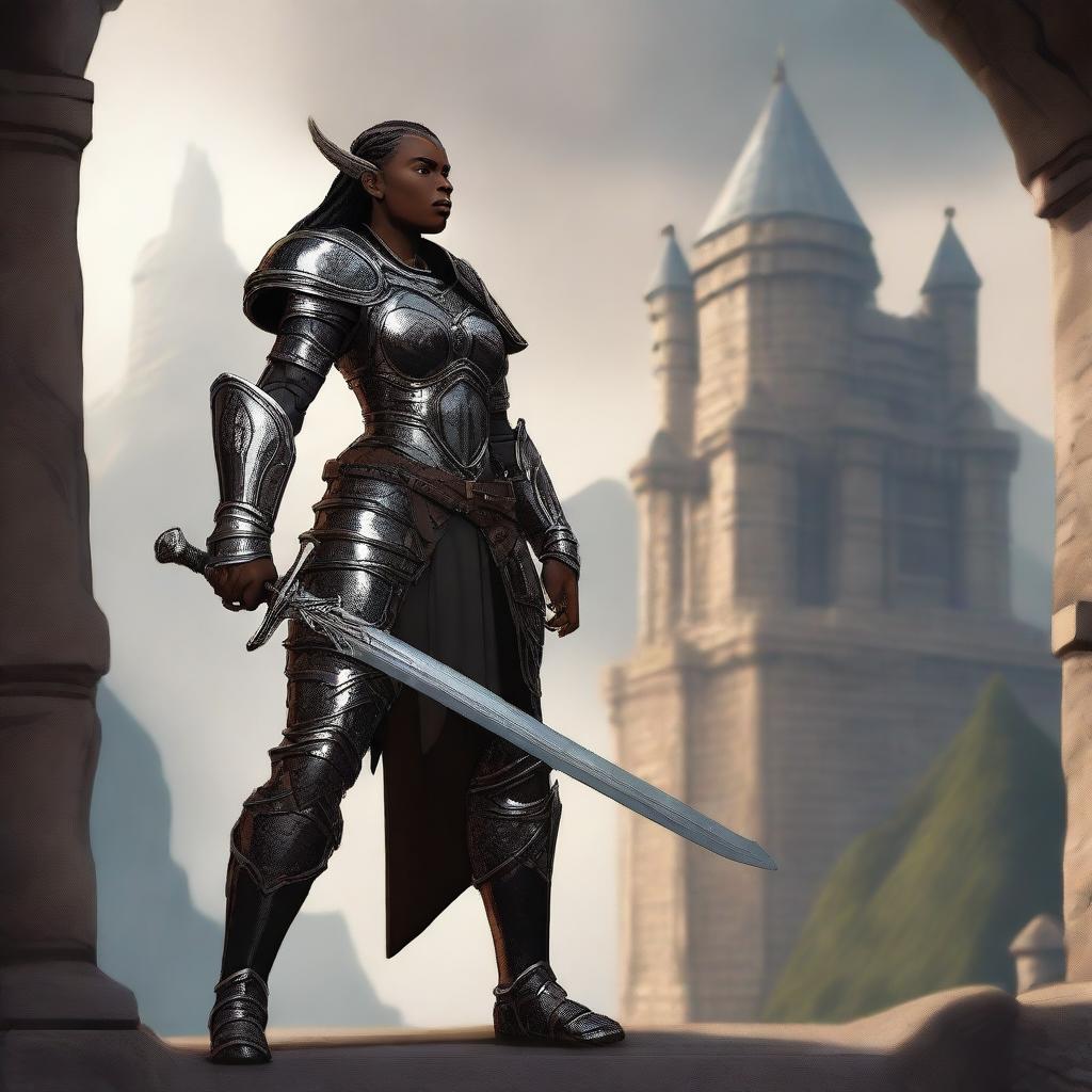 A black female Dragonborn paladin, standing tall and proud in shining armor